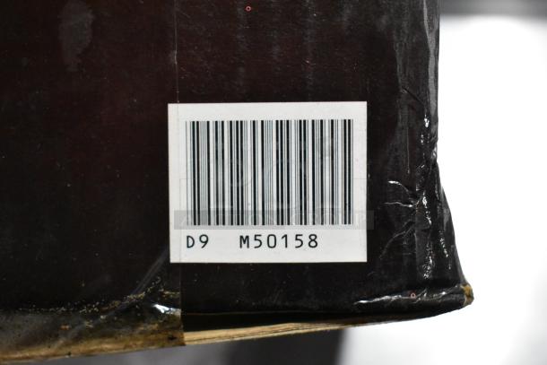 Barcode label on a box with code D9 M50158. Box holds items like SM2262 Magnetic Base Worklight, Stretch Net, Jack Stands.