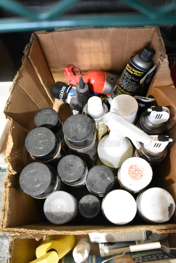 Box of assorted items including cans, spray bottles, tools, and lubricants like Sears Air Tool Lubricating Oil.