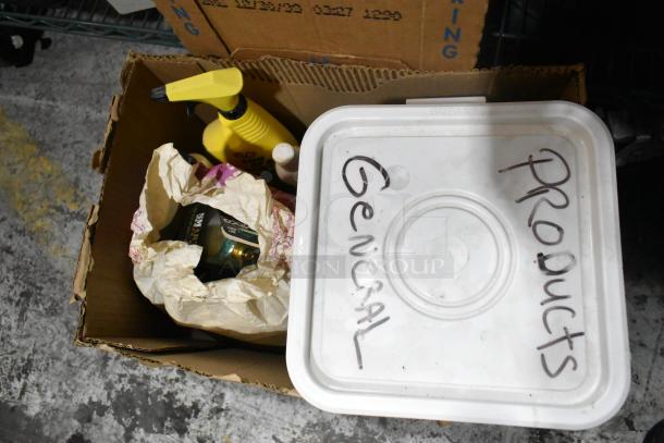 Box of various items including an EZ Handspreader, nails, and Sears air tool lubricating oil. Container labeled "General Products."