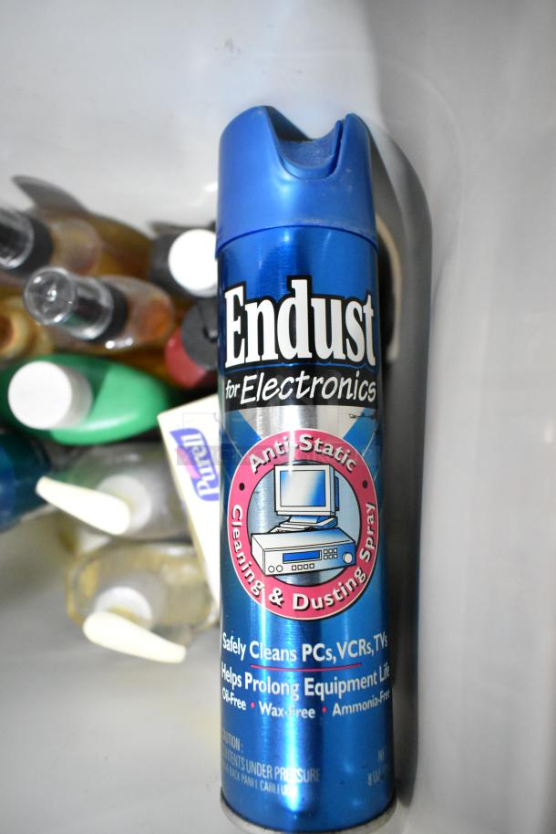 A blue can of Endust for Electronics anti-static cleaning spray, oil-free formula, used for PCs and TVs.