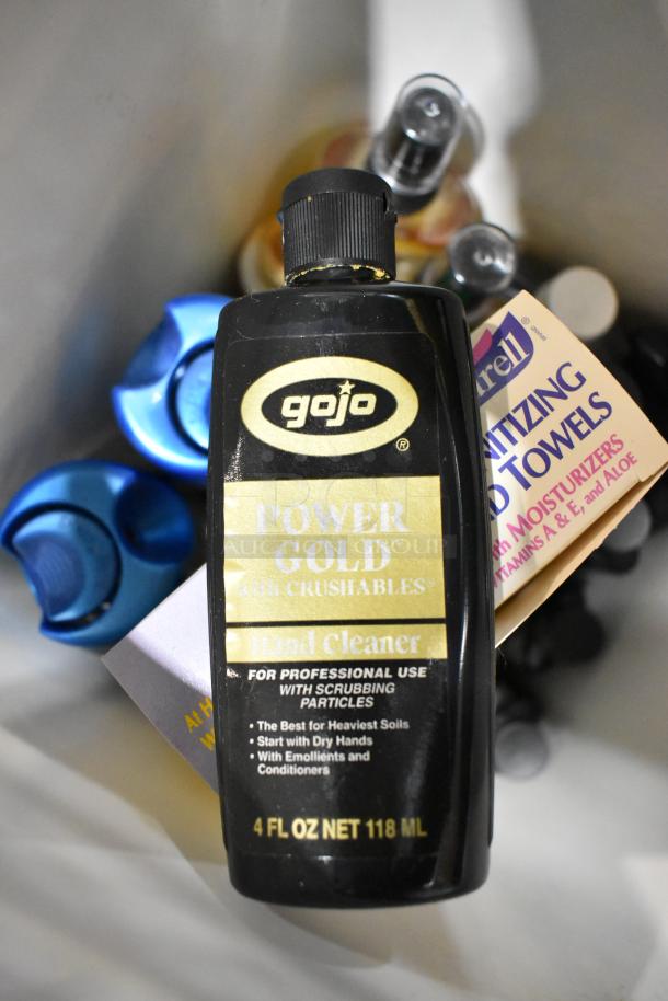 ALL ONE MONEY! Tier Lot including Gojo Power Gold Hand Cleaner, sanitizing towels, and assorted tools.
