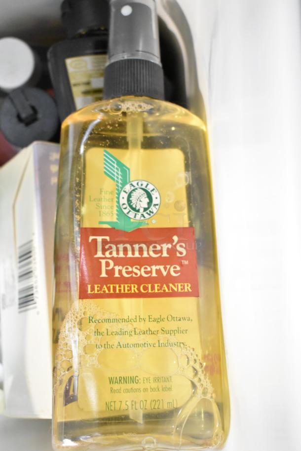 Tanner's Preserve Leather Cleaner, 7.5 fl oz bottle; features Eagle Ottawa recommendation for automotive leather cleaning.