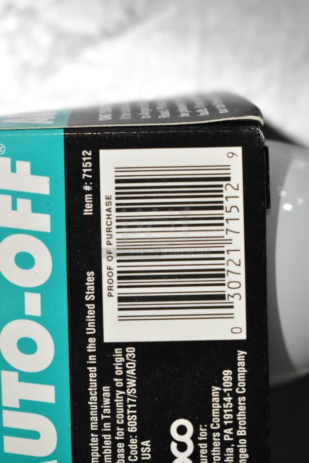 Barcode close-up with Item #71512 printed. Text indicates assembly in Taiwan, for Angelo Brothers Company.