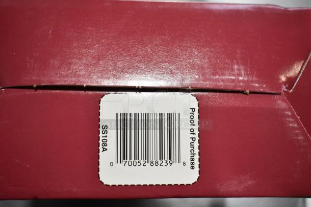 Close-up of a maroon box with a white label showing a barcode, SS108A, and "Proof of Purchase" text.