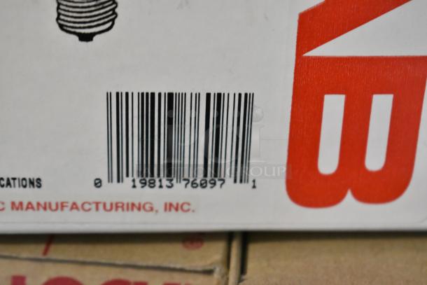 Close-up of a barcode on a cardboard box with partial red logo and text "MANUFACTURING, INC." visible.