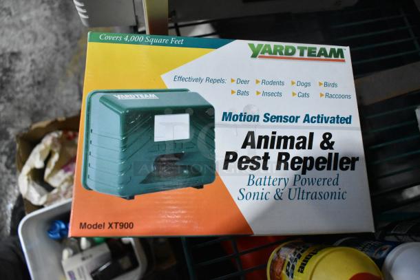 YARDTEAM Motion Sensor Animal & Pest Repeller, Model XT900, covers 4,000 sq ft, repels deer, rodents, and more. Box shown.