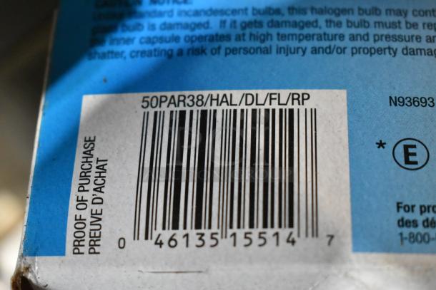 Barcode label with text "50PAR38/HAL/DL/FL/RP" and "Proof of Purchase" on box corner, indicating item specifications.