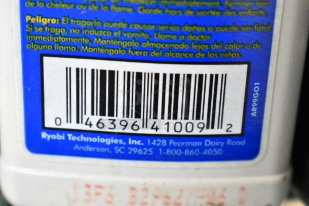 Barcode label on an item manufactured by Ryobi Technologies, Inc., with warning text in Spanish and contact information.
