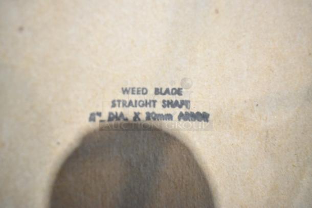 Weed blade with straight shaft, 8" diameter, 20mm arbor, stamped text on tan background.