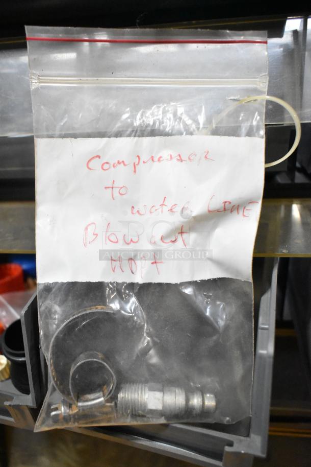 Poly Hardware Holder with bins, includes labeled bag for compressor to water line blowout part, features various connectors.