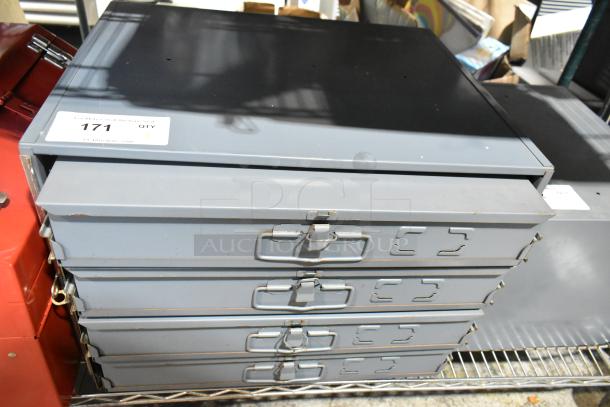 Gray metal 4-drawer hardware box, features sturdy construction and pull handles, with a label marked "171 QTY."