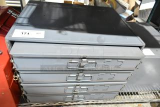 Gray metal 4-drawer hardware box, features sturdy construction and pull handles, with a label marked "171 QTY."