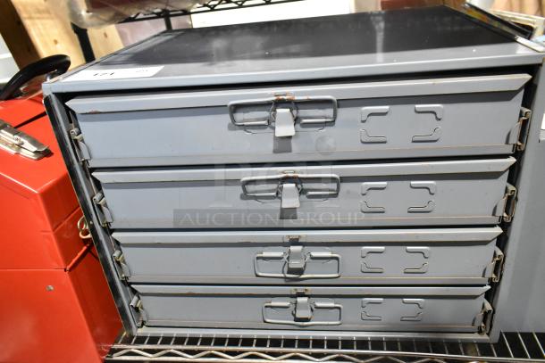 Gray metal 4-drawer hardware box, good condition with light rust, label "171" on top, secure latches.