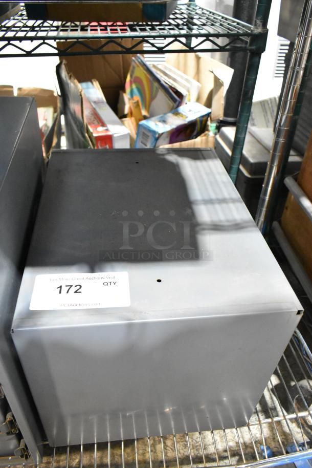 Gray metal 4-drawer hardware box, sturdy construction, minor wear. Auction tag: 172.