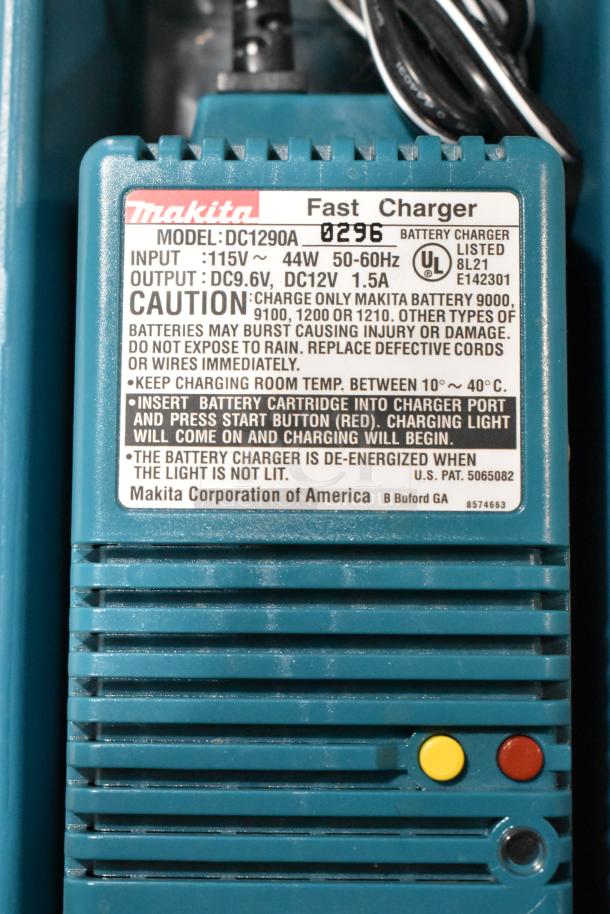 Makita electric drill with fast charger model DC1290A in hard case; labels detail input/output and usage caution.