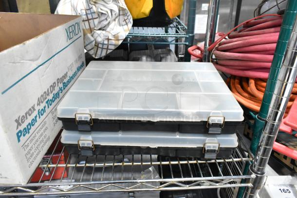 All-in-one tier lot with wires, gloves, poly boxes, Xerox paper box; warehouse storage setting.