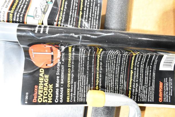 Tier lot of items including Crawford Deluxe Overhead Storage Hook with package. Features storage solutions for garage.