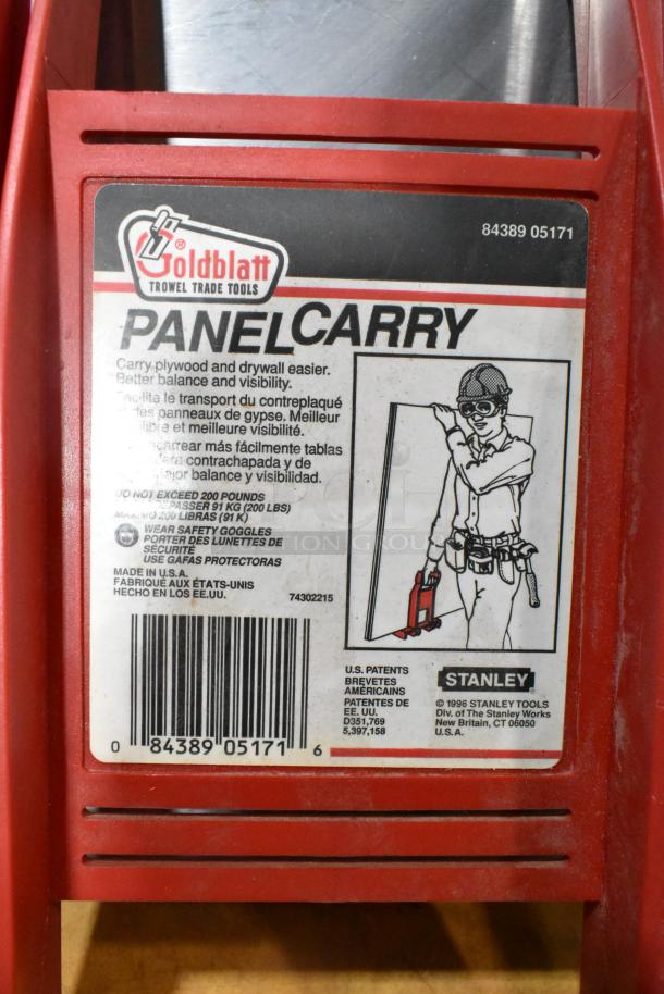 Goldblatt Panel Carry tool with label detailing use for plywood and drywall. Made in USA, supports up to 200 lbs.