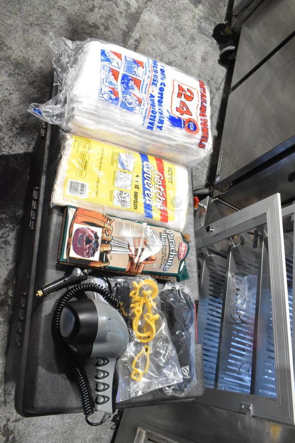 Pro Tuff Box Tool Box with contents including white detailing towels, automotive accessories, and assorted tools in good condition.
