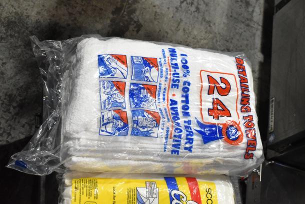 Pro Tuff Box tool box with 24-pack detailing towels, 100% cotton, multi-use, packaging visible with illustrations.