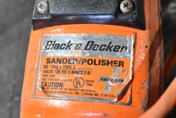Black & Decker Sander/Polisher, Model 7960 Type 3, 120V, 7A, 2400 RPM. Used condition with visible brand and specifications label.