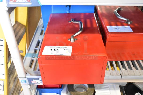 Craftsman 3/8 inch electric drill in Milwaukee red metal tool box, labeled "192". Durable with sturdy handle.