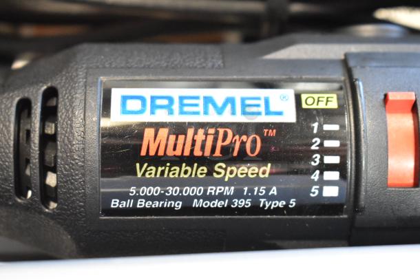 Dremel MultiPro Variable Speed Drill, Model 395, Type 5, ball bearing, 5,000-30,000 RPM, in gray case.