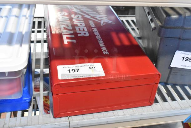 Milwaukee Electric Sawzall in red tool box, labeled "Super Sawzall," tag number 197, in good condition.