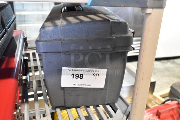 Gray poly tool box with contents including a Craftsman autoranging multimeter. Auction label: 198, PCIauctions.com.