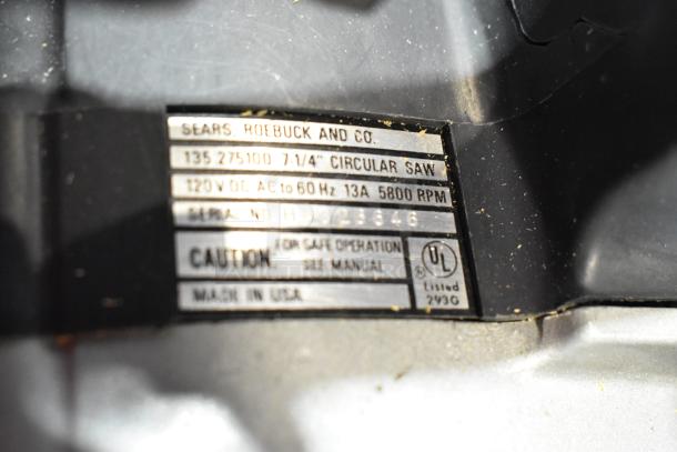 Craftsman 7-1/4" circular saw label showing model 135 275100, 120V, 13A, 5800 RPM. Made in USA, UL listed.