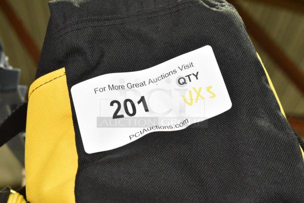 3 black and yellow bags with contents, including a dusting brush and kneepads. Label reads "201 QTY VX5."