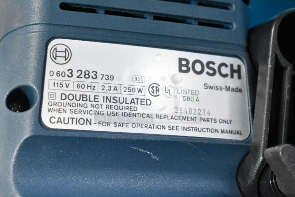Bosch 3283 DVS Electric Sander label showing 115V, 60Hz, 2.3A, 250W; double insulated, UL listed in hard case.
