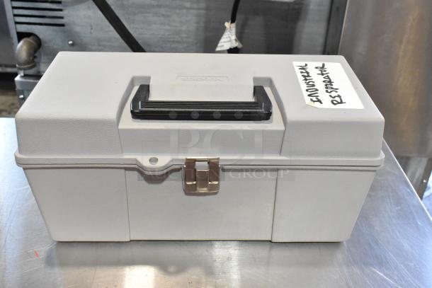 Gray poly tool box with handle and metal latch, labeled "Industrial Respirator," includes dust mask and safety goggles.