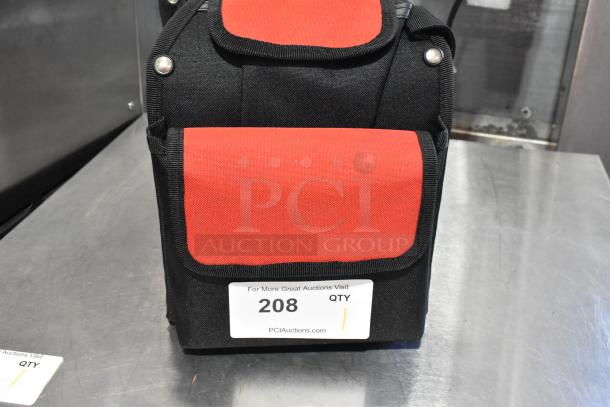 Milwaukee soft tool bag in black and red, featuring a front pocket. Item number 208 displayed on a label.