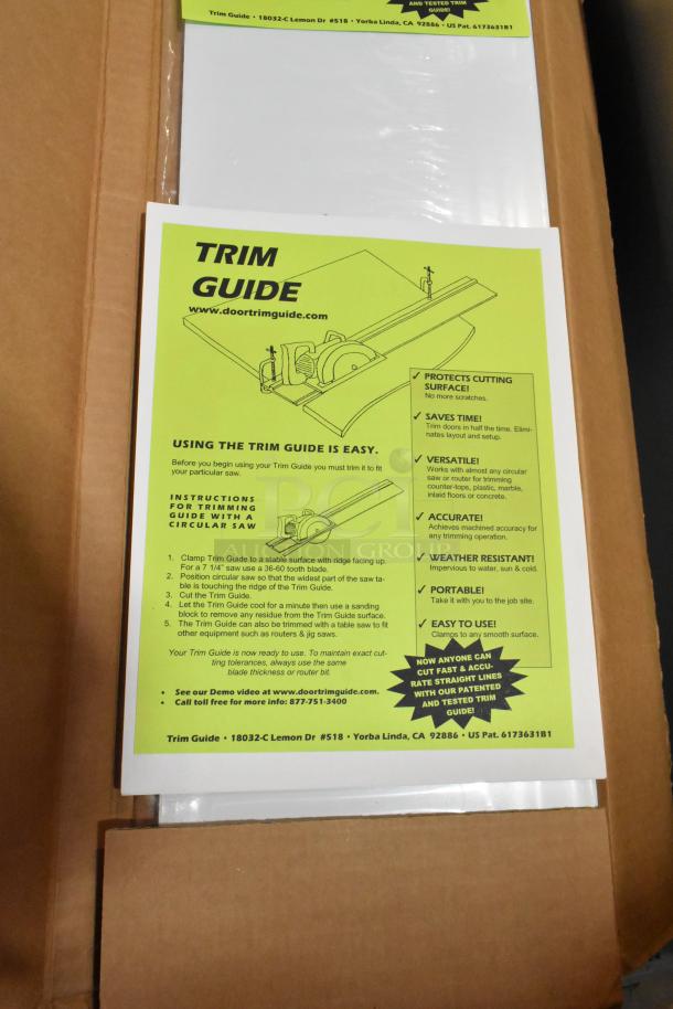 Trim Guide with instructions visible; promotes cutting accuracy and versatility; includes www.doortrimguide.com for more info.