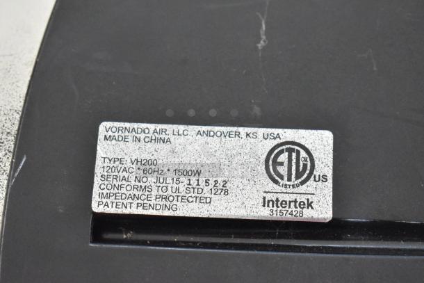 Vornado fan type VH200 label, 120VAC 60Hz 1500W, serial JUL15-11S22. Made in China by Vornado Air, LLC, Andover, KS, USA. ETL listed.