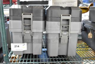 Two Craftsman gray poly toolboxes on a shelf, each with a sturdy latch. Auction tag shows quantity two.