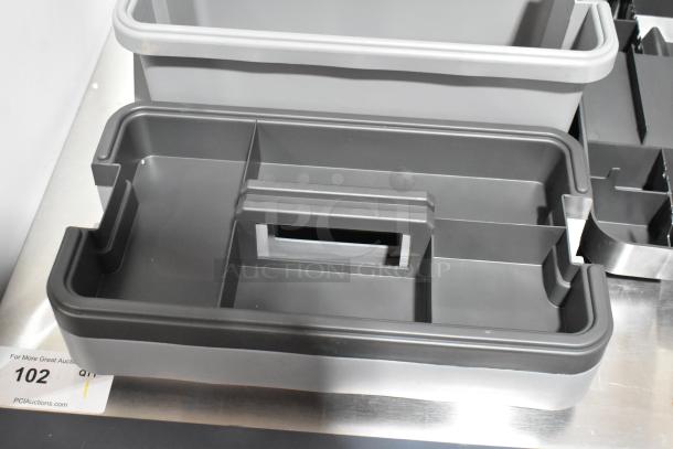 Craftsman gray poly tool box, durable design with handle, new condition, includes tray for organization. Suitable for varied tools.