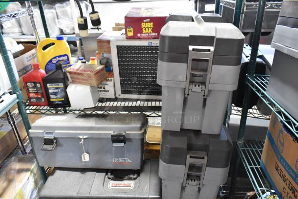 Three gray poly tool boxes with handles and latches, containing various items. Brands include MTM Case-Gard and Tuff Box. Each bid triples value.