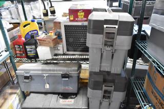 Three gray poly tool boxes with handles and latches, containing various items. Brands include MTM Case-Gard and Tuff Box. Each bid triples value.