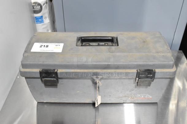Gray Flambeau tool box model 19800, showing signs of wear. Labeled "218 VX3" indicating auction lot and quantity.
