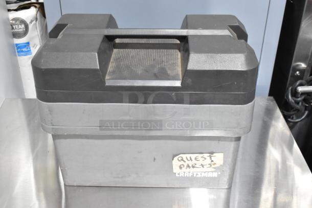 Gray Craftsman poly toolbox with contents; labeled "Quest Parts," features a sturdy handle; good condition.