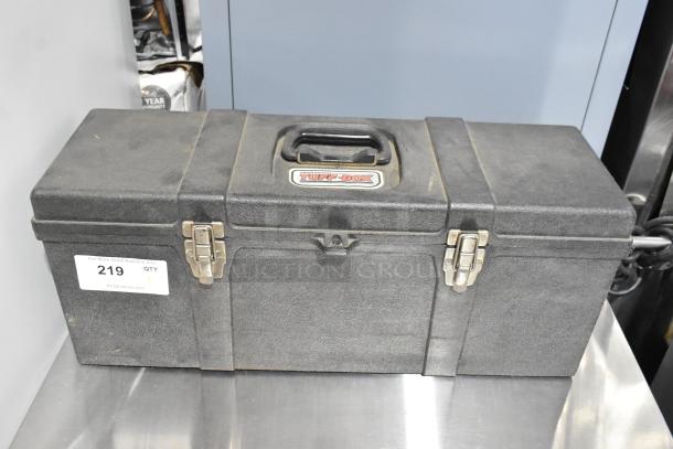 Black Professional Tuff Box tool box with contents, metal latches, minor surface wear, auction tag 219.