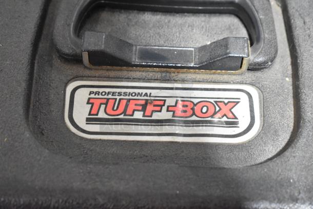 Professional Tuff Box black tool box, labeled, used condition, features contents and durable handle.