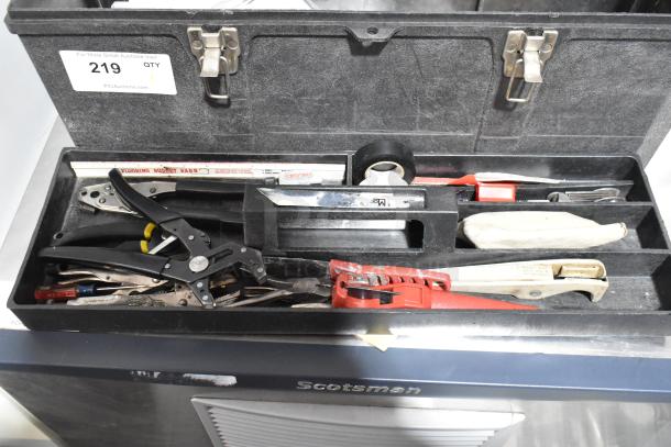 Professional Tuff Box Black Tool Box with assorted tools inside; includes pliers, wrenches, and tape measure. Good condition.