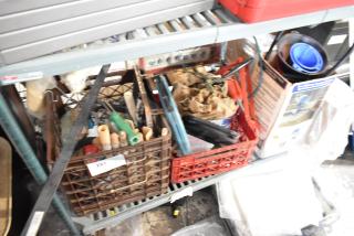 Tiered lot of various items, including tools and a ladder dolly in crates, mixed condition, potential value for buyers.