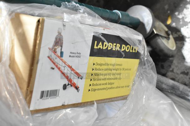 Ladder dolly box with description: Heavy Duty Model HD02, reduces carrying weight by 90%, attaches easily, for rough terrain.