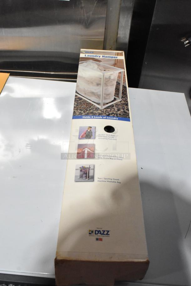 Brand new DAZZ laundry hamper box, holds 3 loads, airflow mesh bags, patented fin joints, machine washable.