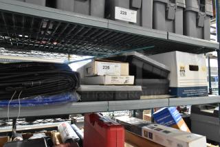 Tier lot with various items on a shelf, including Rigid 1493 tool, poly bins, and assorted boxes. Tags show auction info.