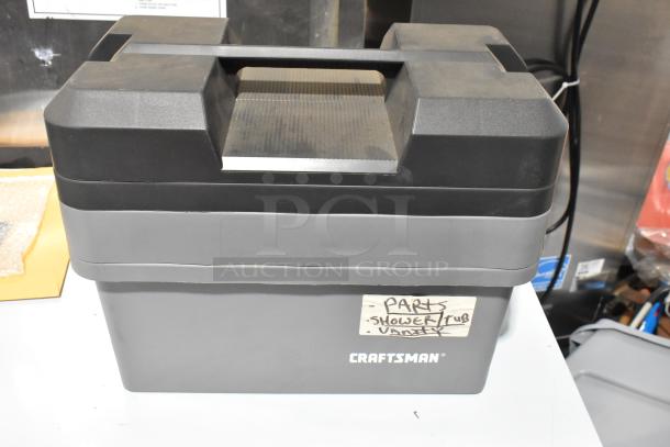 2 gray Craftsman tool boxes with contents. Labels indicate "Parts," "Shower/Tub," "Vanity." Good condition.